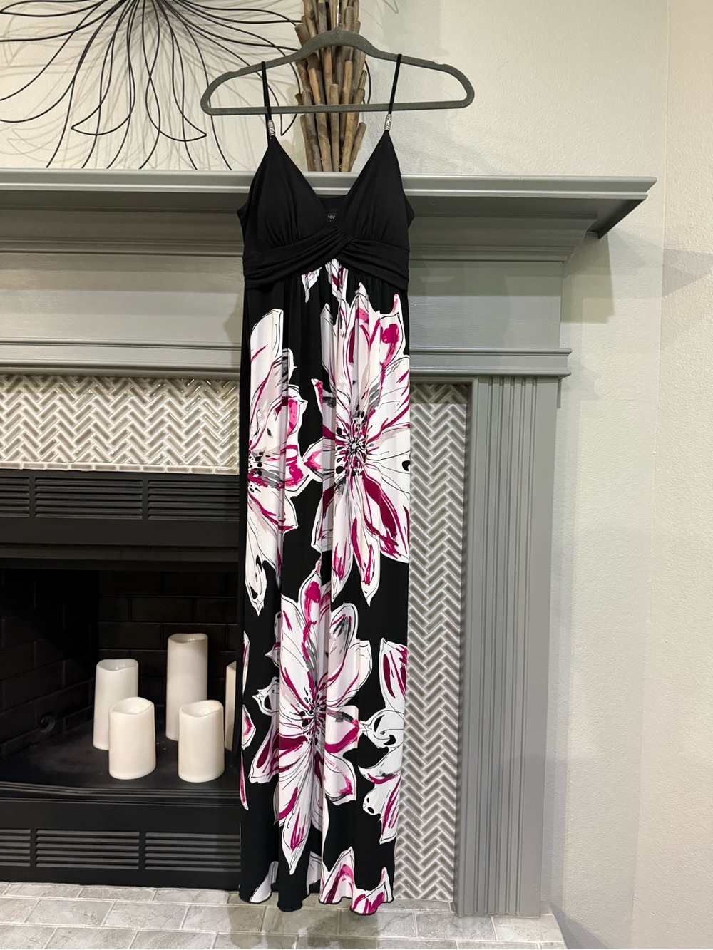 Enfocus Studio Black Maxi Dress with White and Pink Floral Print